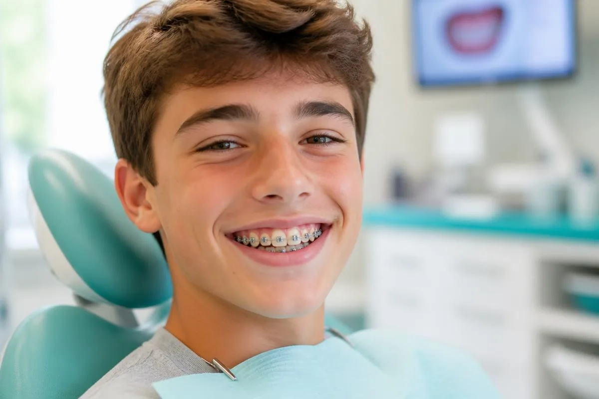 Adolescent souriant portant un appareil dentaire fixe (bagues), orthodontiste à Rueil-Malmaison